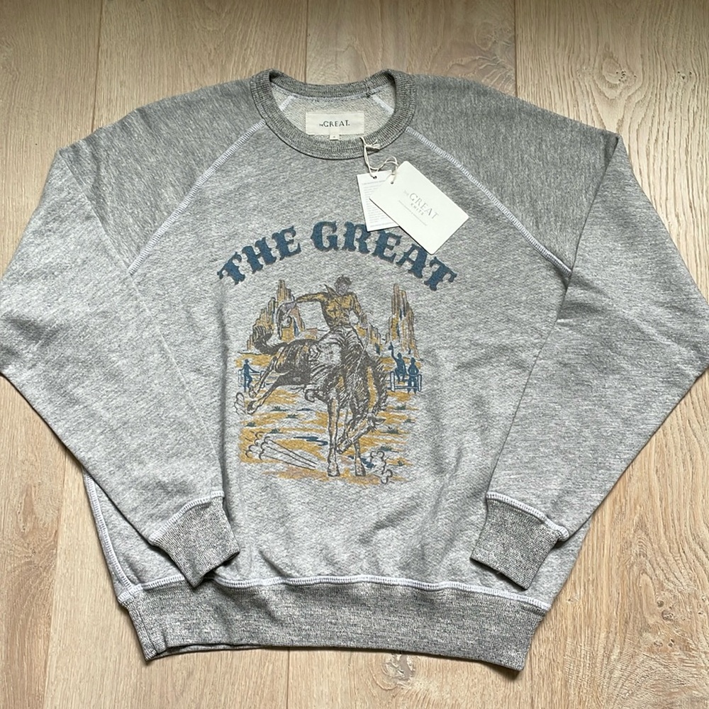 NWT The Great. College Sweatshirt with Rodeo Graphic Soft Heather Grey. Size 0. - Picture 2 of 7